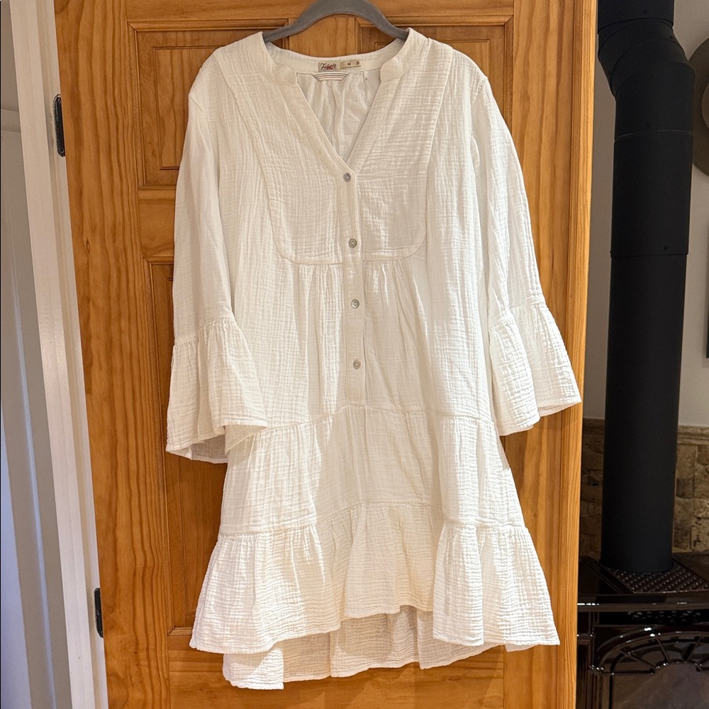 Faherty White Long Sleeve Button-Down Dress